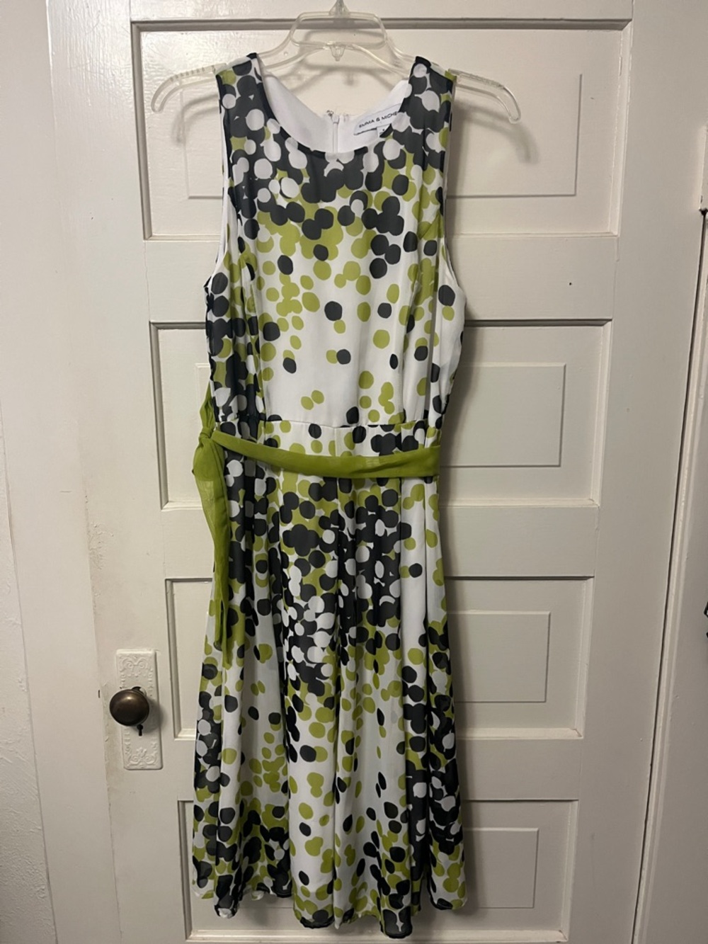 Emma & Michele Sleeveless White Dress with Green & Black Dot Print